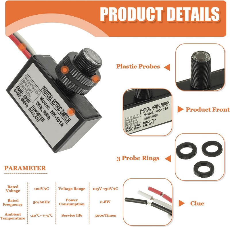 JAMHER 2 Pack 105V-130V AC Photocell Light Sensor Light Control Sensor Button Switch Dusk to Dawn Sensor for Outdoor Lighting Photoelectric Switch with Automatic Illumination Detection Circuit - Image 3